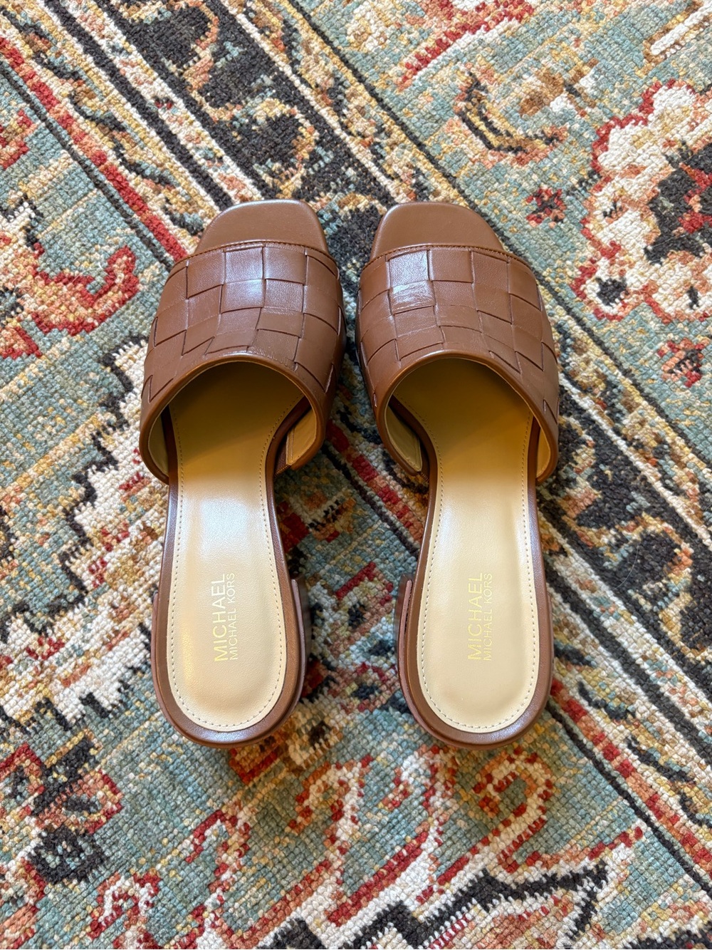 Michael Kors | Brown Woven Ingrid Leather Block Heel Mules | 7 - Picture 6 of 10